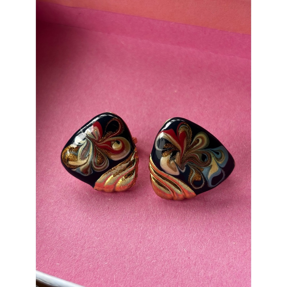 Vintage 80s Abstract Enamel Swirl Clip On Earrings Colorblock Geometric Gold Red
